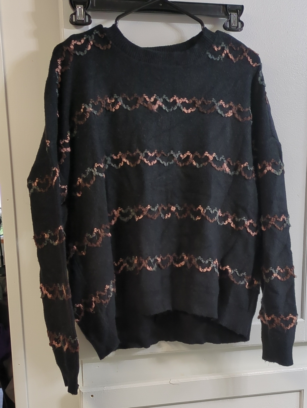 Black Crewneck Sweater with Pink Accent Hearts